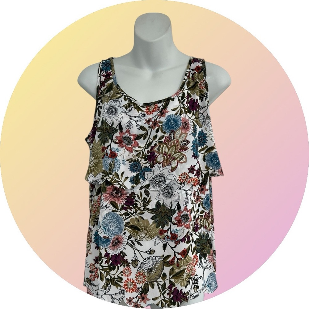 Spense Floral Tank Top - White and Multicolor with Scalloped Hemline Size Medium